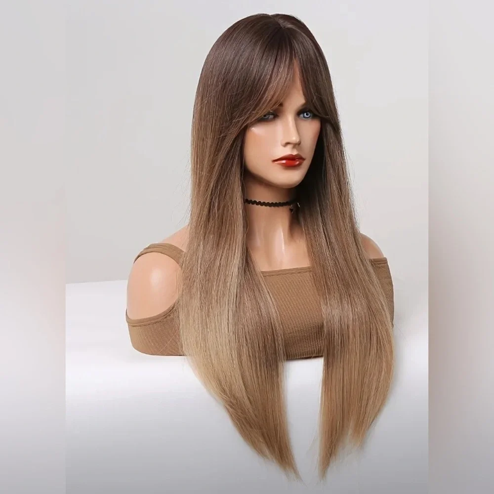 34 Inch balayage Brown & Ash Light Blonde Straig Long Wig  with Open Sid…
